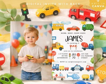 Transportation Birthday Invitation with photo, Honk Beep Choo Choo, Editable Train and Truck Birthday Invite Template, VEH04