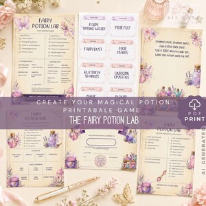 May include: A printable Fairy Potion Lab game set featuring instructional sheets, ingredient labels, and certificates. The paper designs include illustrations of purple butterflies, potion bottles, and flowers with text such as Fairy Spring Water, Pixie Fizz, Fairy Dust, and Pixie Pearls.