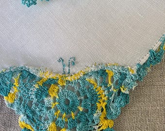 Vintage Hand Embroidered Butterfly handkerchief| Floral Cottagecore Decor wedding gift green blue and yellow