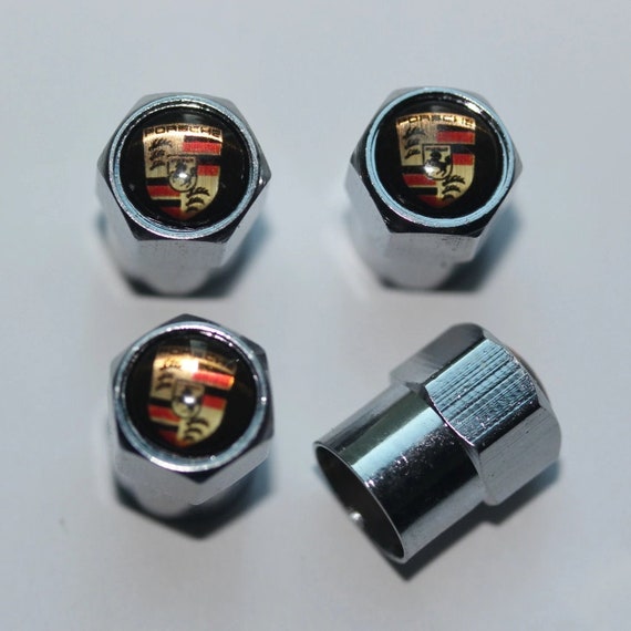 Set Of 4 Metal Tire Valve Stem Caps – With Keychain, For Porsche (Unbranded)