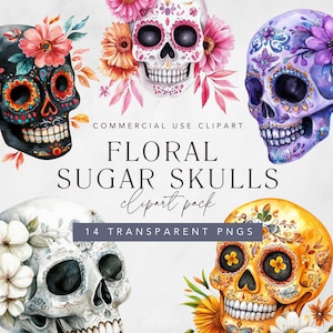 Watercolor Sugar Skull Clipart, Dia De Los Muertos, Skull with Flowers Png, Floral Sugar Skull Clipart, Digital Download for Junk Journals