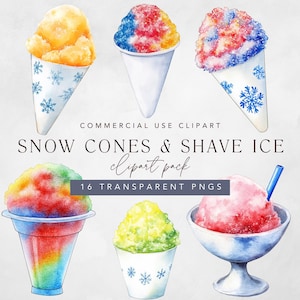 Snowcone Clipart, Watercolor Clip Art of Shaved Ice Cream Dessert, Shave Ice Summer Cone Sweet Treat, Png Digital Download w/ Commercial Use