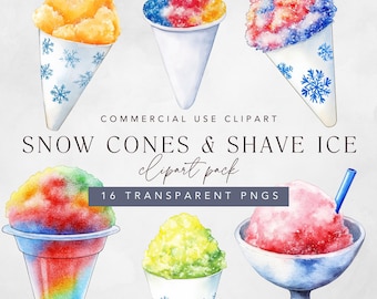 Imágenes prediseñadas de cono de nieve, imágenes prediseñadas de acuarela de postre de helado raspado, cono de hielo raspado de verano, dulce, descarga digital PNG con uso comercial