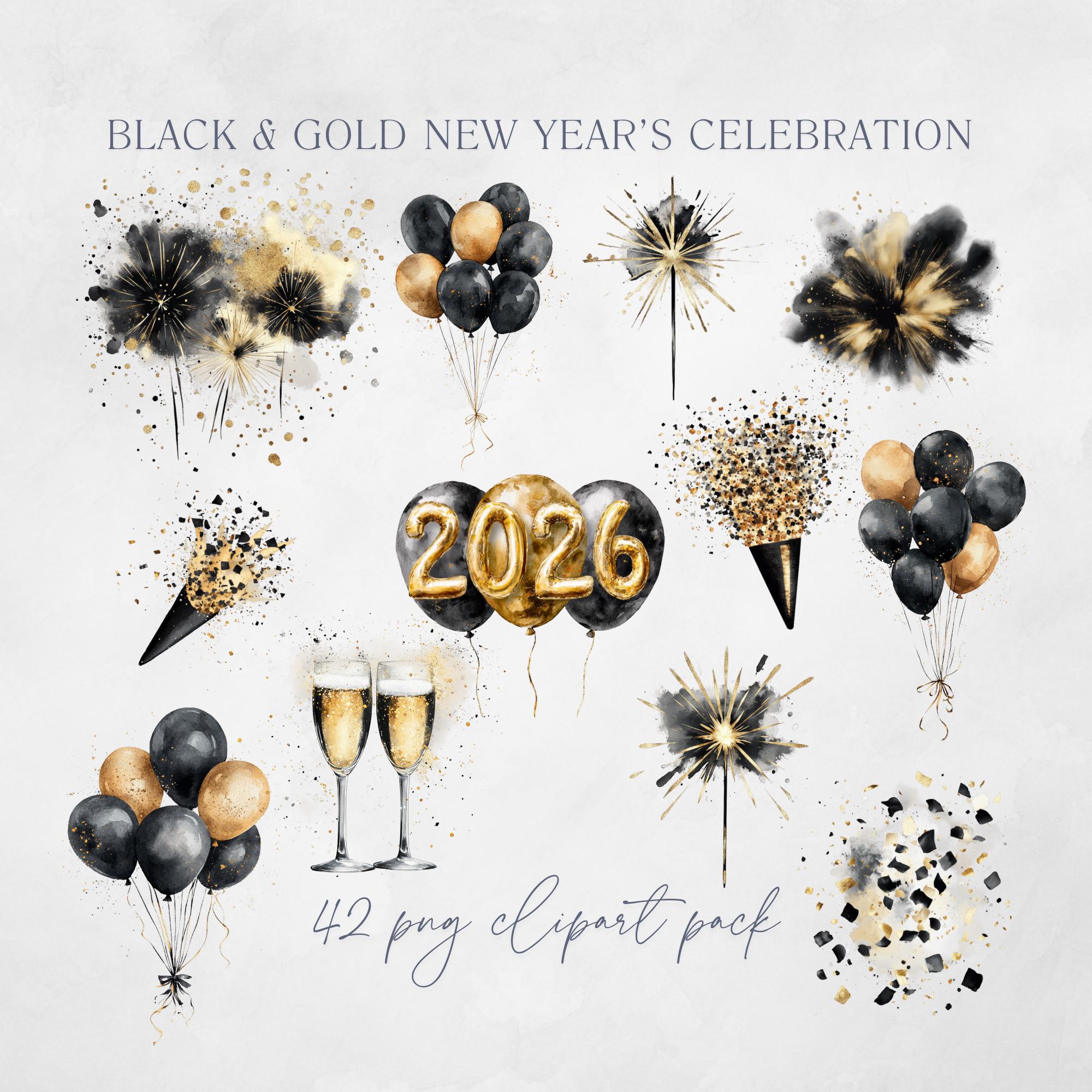 Happy New Year Clipart Black and Gold 2026, Watercolor New Years Eve ...