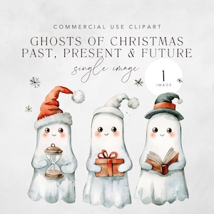 Op de afbeelding: Drie aquarel-geesten gekleed als kerstgeesten. De geest links draagt een kerstmanmuts en houdt een zandloper vast. De geest in het midden draagt een witte muts en houdt een ingepakt cadeau vast. De geest rechts draagt een heksenhoed en houdt een open boek vast.