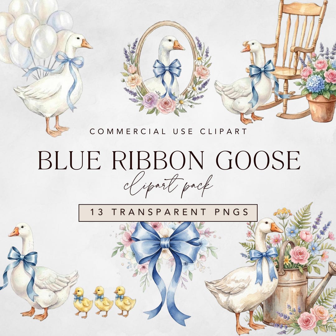 Blue Ribbon Goose Watercolor Clipart W/ Vintage Coquette and Spring ...