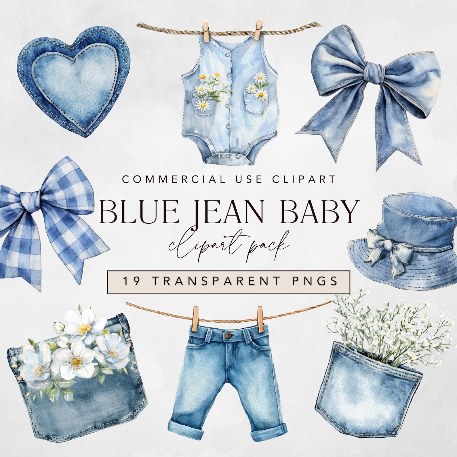 Blue Jean Baby Watercolor Clipart With Denim Jacket and Jeans ...