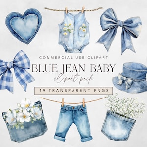 Blue Jean Baby Watercolor Clipart with Denim Jacket and Jeans Clothesline for Baby Shower or Gender Reveal Invite (Digital Download)