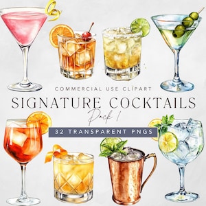 Clipart di cocktail esclusivi, illustrazione ad acquerello con Old Fashioned, Negroni, Mojito, Martini, Moscow Mule, insegna da bar per matrimoni e menu per feste