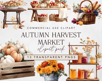 Clipart del mercato autunnale con bancarella del mercato, cesti di prodotti del raccolto autunnale, zucche e foglie, acquerello accogliente per il Ringraziamento, uso commerciale