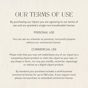 Puede incluir: Documento de texto que describe los t&eacute;rminos de uso para la compra de clipart. El documento incluye secciones para uso personal y comercial, que describen las limitaciones y los permisos para cada uso.