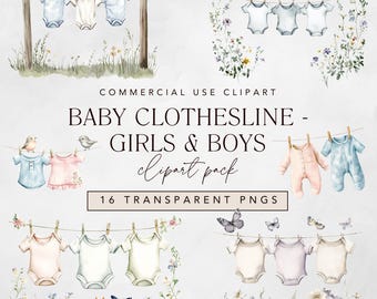Watercolor Baby Clothesline Clipart: Boho Nursery Decor (Digital Download