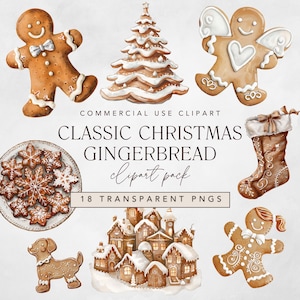 Puede incluir: Una colección de imágenes prediseñadas de pan de jengibre navideño en acuarela. Incluye hombres de jengibre, un árbol de Navidad, un calcetín, un plato de galletas y el texto "CLASSIC CHRISTMAS GINGERBREAD clipart pack".