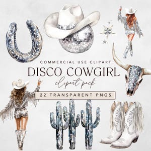 Clipart cow-girl disco, aquarelle boule disco western png pour EVJF, anniversaire cow-girl glamour avec chapeau et bottes de cowboy