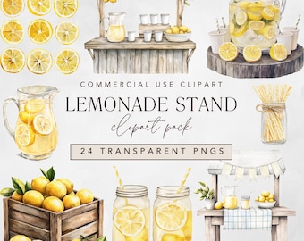 Lemonade Stand Clipart, Watercolor Fruit + Citrus Clip Art, Summer Drink png for Lemon Bridal Shower Party, Commercial Use, Digital Download