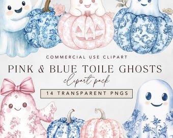 Toile Ghost Halloween Clipart w/ Coquette Blue Floral Bow, Cute Pink Ghosts and Chinoiserie Pumpkin png, Digital Download for Commercial Use