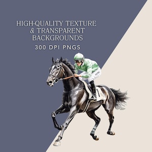May include: Watercolor illustration of a racehorse and jockey. The horse is black with a white blaze and the jockey wears a green and white uniform. The image includes the text "HIGH-QUALITY TEXTURE & TRANSPARENT BACKGROUNDS" and "300 DPI PNGS".