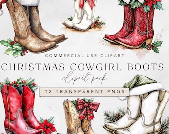 Christmas Cowgirl Boots Clipart, Watercolor Cowboy Boots with Flowers and Coquette Bows, Western Country Christmas png, Commercial Use