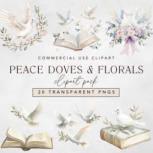 Clipart de paloma blanca de la paz con Biblia en acuarela, coronas florales y ramas de olivo. Uso comercial: Primera Comunión y Bautismo.