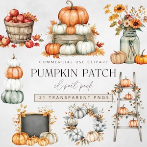 Könnte beinhalten: Aquarell-Clipart-Paket mit Kürbissen, Äpfeln und Herbstlaub. Enthält eine Vielzahl von Kürbissen in Orange, Weiß und Grün, angeordnet in Stapeln, auf einer Holzkiste und als Kranz. Der Text lautet "Pumpkin Patch Clipart Pack".