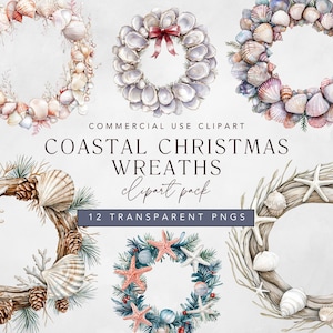 Coastal Christmas Clipart of Watercolor Winter Wreath and Xmas Decor with Seashell and Oyster Shells, Digital Download png w/ Commercial Use