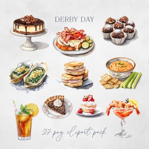 May include: Watercolor illustration of various Derby Day foods, including a chocolate cake with pecans, a sandwich with bacon and tomato, oysters, mini cakes, shrimp cocktail, and more. The text "DERBY DAY" is at the top.