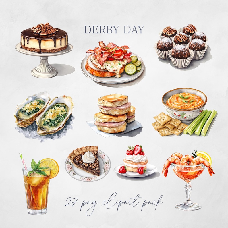 May include: Watercolor illustration of various Derby Day foods, including a chocolate cake with pecans, a sandwich with bacon and tomato, oysters, mini cakes, shrimp cocktail, and more. The text "DERBY DAY" is at the top.
