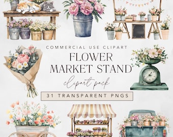 Clipart de mercado de flores: Puesto de floristería en acuarela, flores primaverales (Descarga digital PNG)