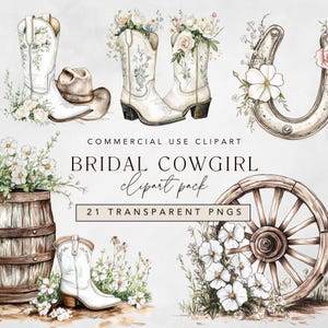 Clipart mariée cow-girl avec bottes de cow-girl, fer à cheval floral, chapeau à l'aquarelle, pack png Western Coast Cowgirl Bachelorette téléchargement numérique