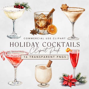 Clipart kerstcocktail, aquarel vakantiecocktails + winterdrankje illustraties met commercieel gebruik, kerstmartini en feestelijke dranken