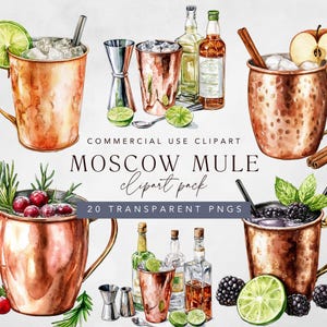 Clipart Moskou-muildier, handtekening cocktails aquarel graphics met garnituur en koperen mok voor commercieel gebruik in een bruiloft digitale download