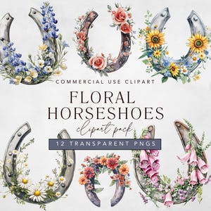 Floral Hufeisen Clipart mit kommerzieller Nutzung png, Hufeisen mit Blumen Clip Art, einschließlich Sonnenblumen, Rosen, Gänseblümchen, Texas Bluebonnet