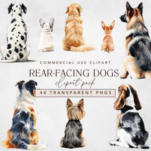 Clipart chien de dos représentant des chiens assis à l'arrière, vue arrière complète + derrière avec le visage légèrement incliné, clipart aquarelle pour animaux de compagnie avec 22 races de chiens