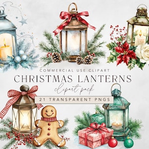 Weihnachten Laterne Clipart für die Winterferien, Aquarell Clip Art Instant Download png und kommerzielle Nutzung für festliche Feiertage Basteln