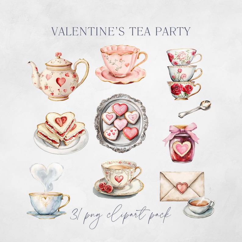 Valentines Tea Party Clipart and Galentines Day Png, Watercolor Heart ...
