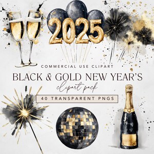 Happy New Year Clipart noir et or 2025, clipart fête aquarelle pour le réveillon du Nouvel An avec usage commercial, champagne de célébration, feux d'artifice png thumbnail