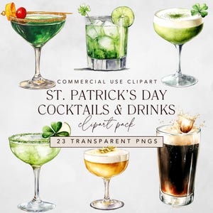 Clipart del cocktail di San Patrizio, guarnizioni del quadrifoglio fortunato + caffè irlandese per il giorno di San Patrizio, uso commerciale acquerello png