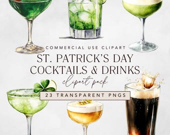 St Patricks Cocktail Clipart, Lucky Four Leaf Clover Shamrock Garnishes + Irish Coffee for St Pattys Day, Commercial Use Watercolor png