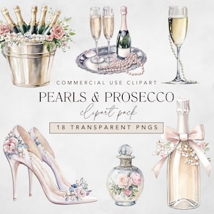 Clipart de perles et de prosecco avec tour à champagne, flûte traversière/verre, bouquet floral, parfait pour un brunch et une fête pétillante, douche nuptiale
