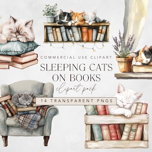 Chats endormis sur des livres clipart en pack png aquarelle, chat douillet et chaton mignon pour amateur de livres + rat de bibliothèque artisanat en papier numérique et scrapbooking