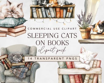 Watercolor Sleeping Cats on Books Clipart: Cozy Kitten PNG Pack (Digital Download)