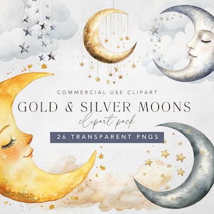 Over the Moon clipart, aquarel wassende maan en ster png bundel, Boho gouden maan en sterren voor babyshower kinderkamer decor, commercieel gebruik