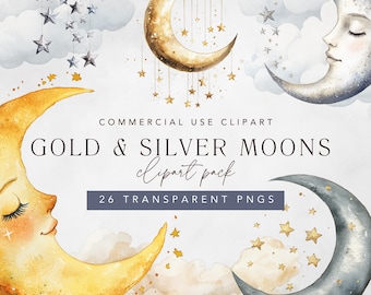 Over the Moon Clipart, Watercolor Crescent Moon and Star png bundle, Boho Gold Moon and Stars for Baby Shower Nursery Decor, Commercial Use