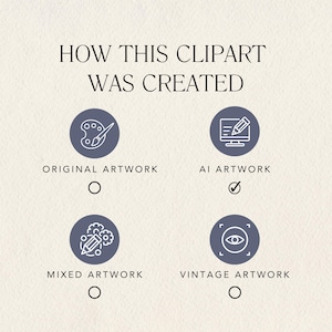 Puede incluir: Un gr&aacute;fico con cuatro iconos que representan diferentes formas de crear im&aacute;genes predise&ntilde;adas. Los iconos est&aacute;n etiquetados como "Obra de arte original", "Obra de arte de IA", "Obra de arte mixta" y "Obra de arte vintage". Una marca de verificaci&oacute;n est&aacute; junto a "Obra de arte de IA", lo que indica que este es el m&eacute;todo utilizado para crear la imagen predise&ntilde;ada.