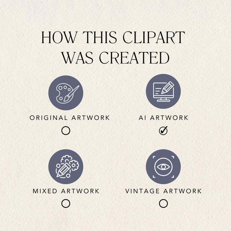 Puede incluir: Un gr&aacute;fico con cuatro iconos que representan diferentes formas de crear im&aacute;genes predise&ntilde;adas. Los iconos est&aacute;n etiquetados como "Obra de arte original", "Obra de arte de IA", "Obra de arte mixta" y "Obra de arte vintage". Una marca de verificaci&oacute;n est&aacute; junto a "Obra de arte de IA", lo que indica que este es el m&eacute;todo utilizado para crear la imagen predise&ntilde;ada.