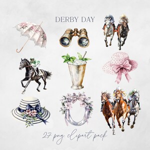May include: Watercolor illustrations of Derby Day items, including a parasol, binoculars, horses with jockeys, a mint julep, and hats. The text "DERBY DAY" and "27 png clipart pack" are also included.