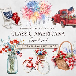 Vierter Juli Aquarell Clipart, rote, weiße und blaue png für Unabhängigkeitstag und Gedenktag, amerikanische Flagge, Sterne + Feuerwerk