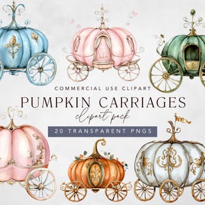 Clipart carrosse de citrouille, fête de princesse de conte de fées et clipart aquarelle de conte de fées de Cendrillon pour les enfants, anniversaire d'automne et modèles de baby shower
