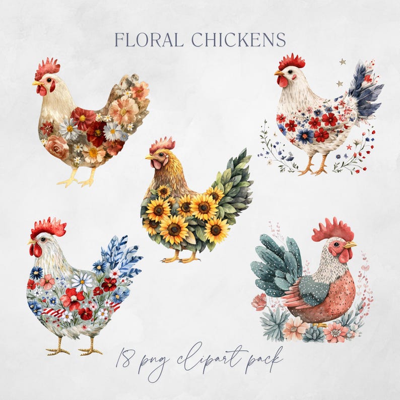 Watercolor Floral Chicken Clipart: Farm Animal PNG, Commercial Use - Etsy