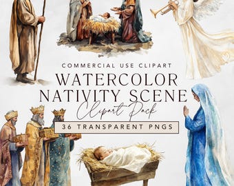 Nativity Scene Watercolor Clipart, Commercial Use Nativity Scene png, Christian Bible and Religious Watercolor Clip Art for Card Making